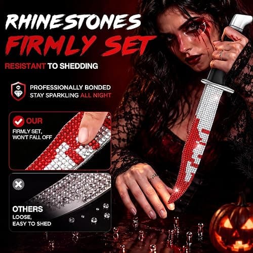 Enhon 1 Pack 13.5" Halloween Bloody Ghost Face Bling Rubber Fake Knife | Soft Flexible Safety Prop with Bedazzled Rhinestones for Horror Prank, Stage Performance & Scary Cosplay Accessories thumbnail 3