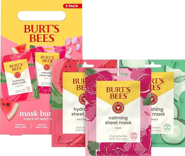 Burt's Bees Mothers Day Gifts, Face Mask Bundle Set, Hydrating Watermelon, Calming Rose, & Refreshing Cucumber, Face Sheet Masks for Single Use Skin Care, 99% Natural Origin, 3 Count, 0.33oz Each thumbnail 7
