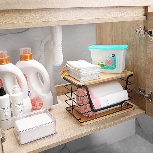 ALOCEO Large Wire Basket for Kitchen Pantry, Stainless Steel Kitchen Counter Organizer for Potato Onion, Trash Bag Dispenser Under Sink with Bamboo Top, Black thumbnail 6