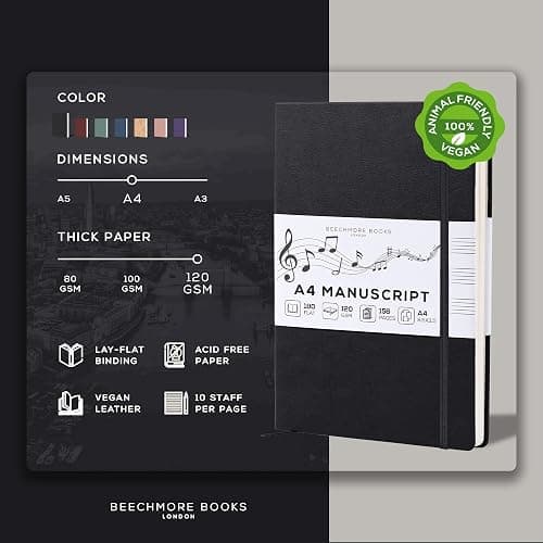 BEECHMORE BOOKS Blank Sheet Music Notebook – A4 8.5x11.5 for Songwriters, Musicians & Composers, 156 Thick 120gsm Pages, 10-Staff Perforated Sheets, Vegan Leather Hardcover, Elastic Closure, Gift Box thumbnail 3