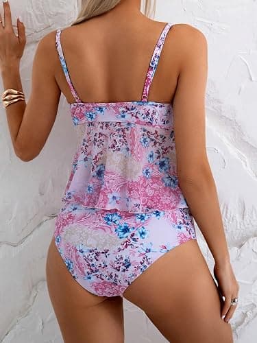 ZAFUL Tankini Swimsuits for Women V Neck Ruffle Floral Tummy Control Bikini Swimsuit 2 Pieces High Cut Bathing Suit thumbnail 2