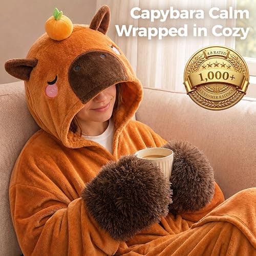Mewaii Capybara Gifts Wearable Blanket Hoodie Soft Flannel Capybara Blanket | Full-Body Coverage, Hands-Free Design, Machine Washable, For Home, Camping, Study & Lounging, Gift for Women & Animal Lovers thumbnail 2