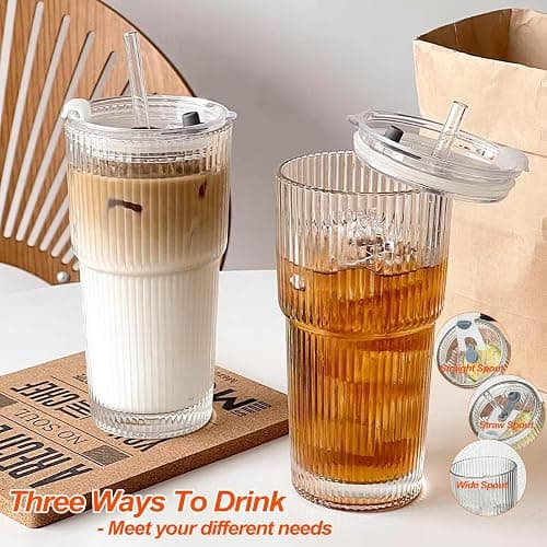20 oz Ribbed Glass Tumblers with Lids and Straws – Set of 4 Thickened Glassware, Elegant Durable Ribbed Drinking Glasses Bulk for Iced Coffee Cups, Cocktails, Smoothies, Juice, Hot or Cold Beverages thumbnail 2