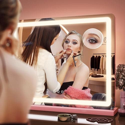 FENNIO 23" x 18" Vanity Mirror with Lights，LED Makeup Mirror，Hollywood Mirror with 3 Color Modes & Adjustable Brightness，Vanity Mirror Pink thumbnail 5