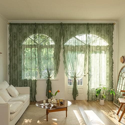 LOHUT Sage Green Lace Curtains Set of 2, Sheer Floral Panels 63 Inch Length, Vintage Boho Window Treatment with Ruffled Edge for Bedroom Living Room, Rod Pocket, W52 x L63 thumbnail 4