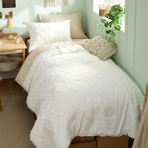 Bedsure Twin XL Comforter Set - Ivory Comforter, Boho Tufted Distressed Vintage Bedding for Kids, 2 Pieces Farmhouse-Style Bed Set for All Seasons, Fluffy Soft Bedding with 1 Pillow Sham - Image 1