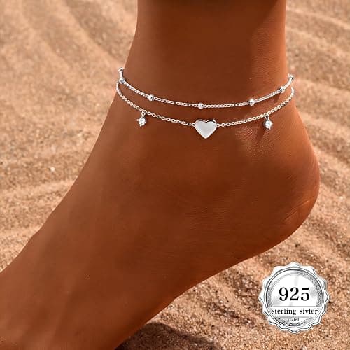 Gold/Sterling Silver Anklet Bracelets for Women Waterproof, Non Tarnish 925 Sterling Sliver Plated Heart Evileye Butterfly Charm, Dainty Summer Beach Anklets for Women, Beach Vacation Bikini Outfits for Her Mom thumbnail 2