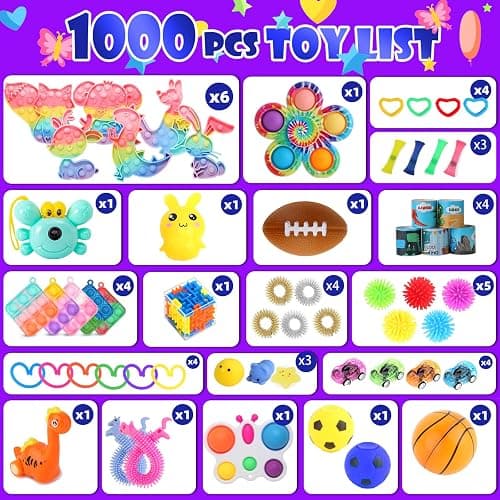 1000Pcs Fidget Toys Pack, Bulk Party Favors for Kids, Stocking Stuffers, Treasure Box Chest, Birthday Party, Classroom Carnival Prizes, Pinata Stuffers, Goodie Bag Stuffers, Stress Relief, Sensory Toy thumbnail 2