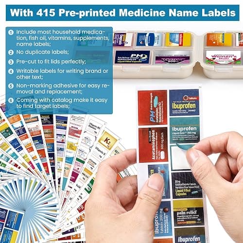 14 Grids Travel Pill Organizer Box with 415-Pcs Medicine Name Labels - Pocket Daily Pharmacy Case Container Kit - Travel Medication Holder Dispenser for Fish Oil Vitamin Supplement Storage - Khaki thumbnail 2