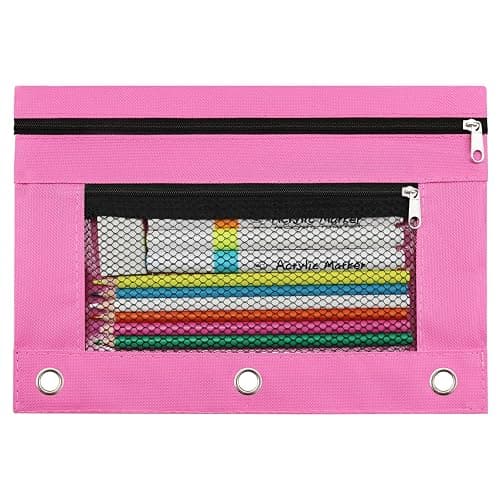 3 Ring Pencil Pouch for Binder, 2-Pocket Zipper Pencil Case with Clear Window & Mesh Pocket, Heavy Duty 600D Oxford Fabric Binder Pouch for School Office Supplies, Fits Standard 3-Ring Binders, Pink - Image 1