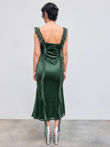 CIDER Summer Maxi Dress Wedding Guest Cowl Neck Glitter Ruffle Hem Bodycon Party Slim Formal Sleeveless Dress thumbnail 5