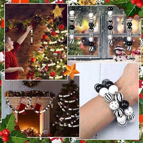 240 Pcs Black and White Christmas Wooden Beads for Crafts, 16mm Round Spacer Stripe Polka Dot Peppermint Beads Bulk for Jewelry Making DIY Garland Pens Winter Xmas Holiday Tiered Tray Tree Decor thumbnail 6
