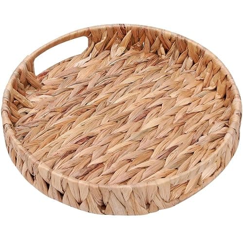 Round Woven Coffee Table Ottoman Tray with Handles - 11.8" x 1.9" Water Hyacinth Wicker Serving Tray, Decorative Storage Basket for Home & Kitchen. - Image 1