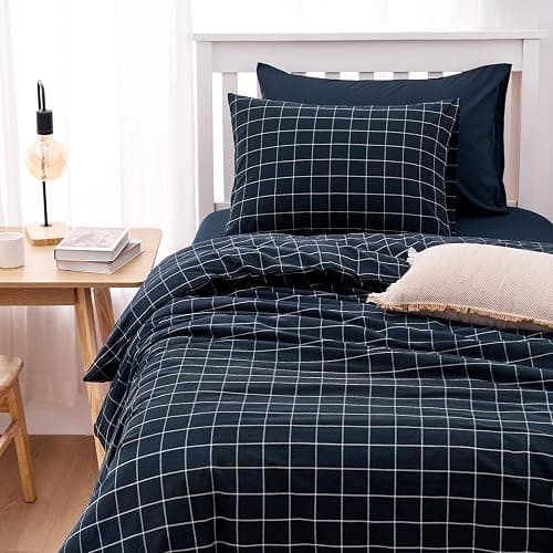 Wake In Cloud - Grid Cotton Duvet Cover Set, Plaid Checkered Geometric Farmhouse, 100% Washed Cotton Textured Bedding Set, 3 Pieces, Navy Blue, Twin/Twin XL Size thumbnail 3