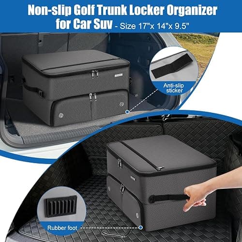Golf Trunk Organizer for Car SUV with Shoe Compartment & Divider | 2-Layer Golf Storage Bag for Balls, Tees, Accessories | Waterproof Golf Locker Gift for Men, Dad, Golfers thumbnail 2