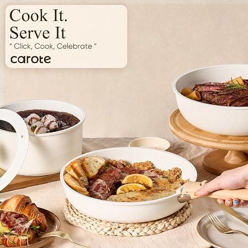 CAROTE 19pcs Pots and Pans Set Non Stick, Cookware Set Detachable Handle | Induction Compatible, Dishwasher & Oven Safe, Space Saving, Camping Cooking Set, Kitchen Set, White thumbnail 7