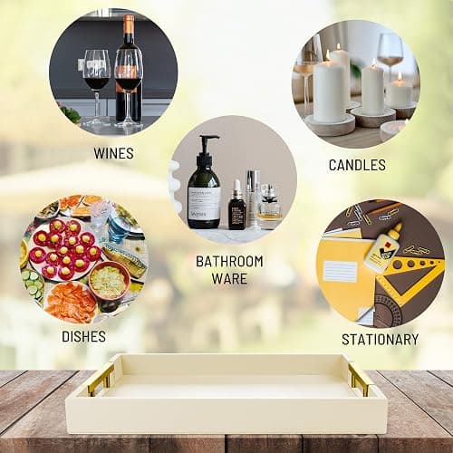 ATZYmolin Leather Serving Tray with Gold Polished Metal Handles, Home Decorative Wooden Rectangle Ottoman Decor Platter Bathroom Vanity Tray for All Occasions White - White thumbnail 5