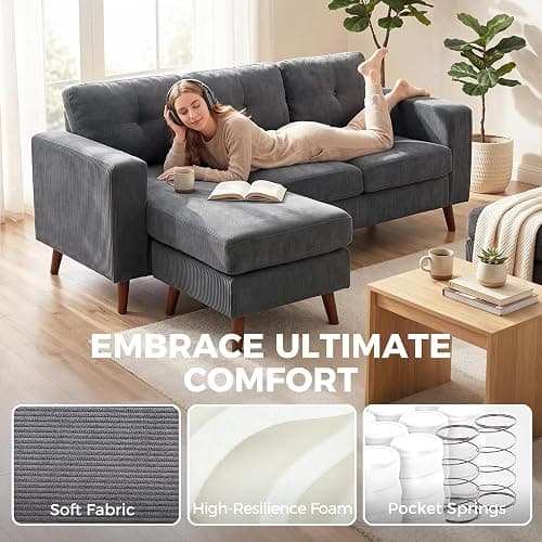 Switdo Ecksofa 3-Sitzer 192 cm Dunkelgrau umkehrbarer Chaiselongue Cord-Optik kompakt für kleine Räume thumbnail 7