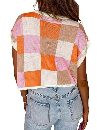 Saodimallsu Womens Cap Sleeve Crop Tops Summer Color Block Going Out Crew Neck Knit Trendy Casual Sweater thumbnail 4