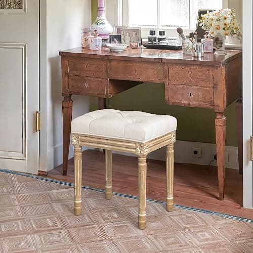 LUE BONA Upholstered Fabric Vanity Bench Seat, Makeup Stools for Vanity, Square Tufted Ottoman Bench with Carved Wood Color Legs for Bedroom Living Room, Beige thumbnail 2