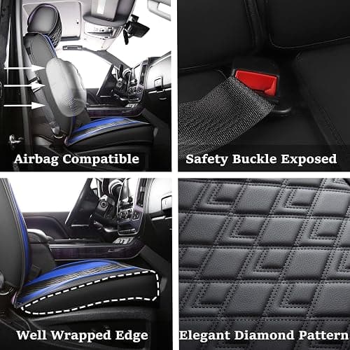 JOJOBAY Chevy Silverado Seat Covers,Leather Seat Covers for GMC Sierra,Custom Fit 2007-2026 1500 2500HD 3500HD Crew Double Extended Regular Cab,LT LZT RST Trail Boss(Front Pair,Black Blue) thumbnail 2