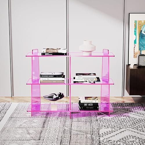 solaround Acrylic Bookshelf, Small 3 Tier Open Bookcase for Small Spaces,Sofa Table, Hallway Entry Table for Home Living Room (Pink, 39.4'' x 11.8'' x 31.5'') thumbnail 7