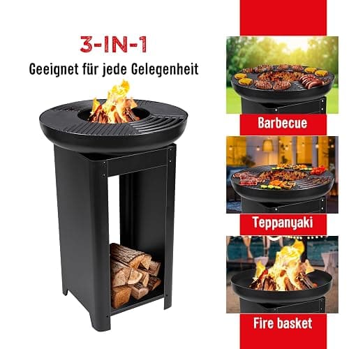 BBQ Collection 3-in-1 Feuerschale mit Grillrost - Feuerkorb 61 x 90 cm - Outdoor Küche mit Teppanyaki und BBQ Grillplatte - Plancha BBQ mit Holzlagerplatz - Gartenkamin für Außen - Metall thumbnail 8