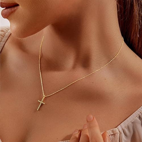 HAXIYA Cross Necklace for Women 14K Gold Plated/Sterling Silver Cross Necklace Dainty Tiny Layered Choker Cross Pendant Necklaces Faith Jewelry First Communion Gifts for Her ﻿ - Simple-Gold thumbnail 3