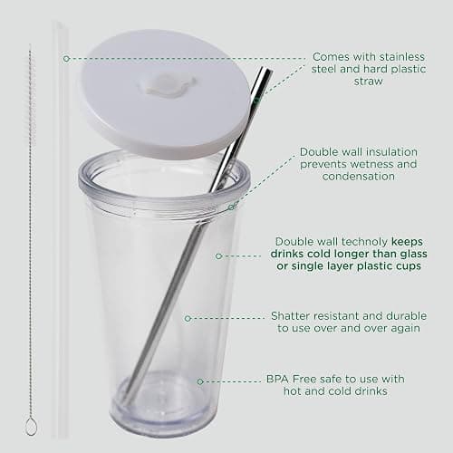 Reusable Iced Coffee Cup (24 Oz/Venti), Leak Proof and Double Wall Insulated Iced Coffee Tumbler, Come with Reusable Plastic and Metal Straws and Straw Cleaner - White thumbnail 7