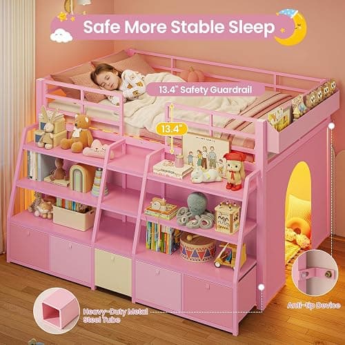 MSmask Low Loft Bed Twin with Stairway Shelf Storage, 5 Drawers, Pink | Heavy Duty Metal Kids Loft Bed with Beside Box Storage, LED Lights, Safety Guardrail, Under-Bed Play Space, Spave Saving thumbnail 5
