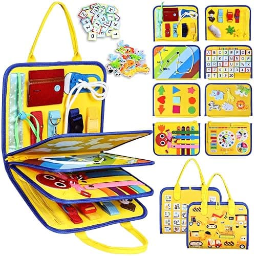 Esjay Toddler Busy Board Montessori Toys for Boys Girls, Sensory Board Educational Activities for Learning Fine Motor Skills, Birthday Gifts for Toddlers, Travel Toys for Airplane Car, Yellow Truck - Image 1