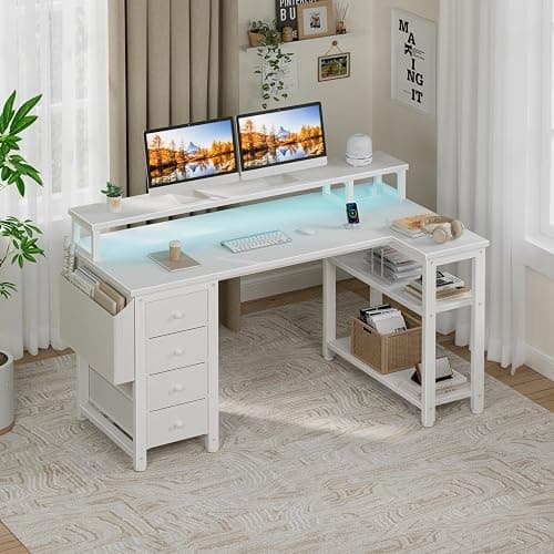Lufeiya L Shaped Desk with Led Lights and Power Outlets, 47 Inch Writing Study Computer Gaming Desks with Fabric Drawers for Bedroom, Home Office Corner Desk with Monitor Stand Shelves, White thumbnail 2