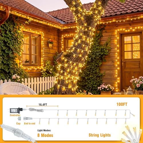 WASTROYAL 100+16.4FT Warm White LED Fairy Lights, Connectable Clear Wire String Lights with Timer,Waterproof Light Strand for Christmas Tree, Bedroom, Patio, Wedding, Party, Indoor Outdoor Decor thumbnail 2