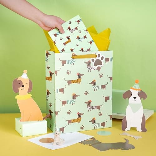 Loveinside Dachshund Gift Bag for Boys Girls, Cut Sausage Dog Dressed-Up Design with Paw Prints, Green Medium Gift Bag with Tissue Paper, Tag, Card for Birthday, Pet Party, 10" x 5" x 13", 1 Pcs thumbnail 6