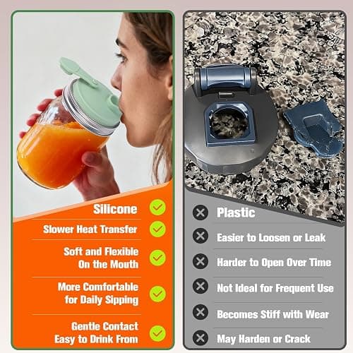 Palksky Mason Jar Drinking Lids 2 Pack, Wide Mouth Stainless Steel Sip Lid with Heat-Resistant Silicone Cover, Leakproof Airtight Flip Cap, Durable Mason Jar Accessories for Coffee & Drinks thumbnail 6
