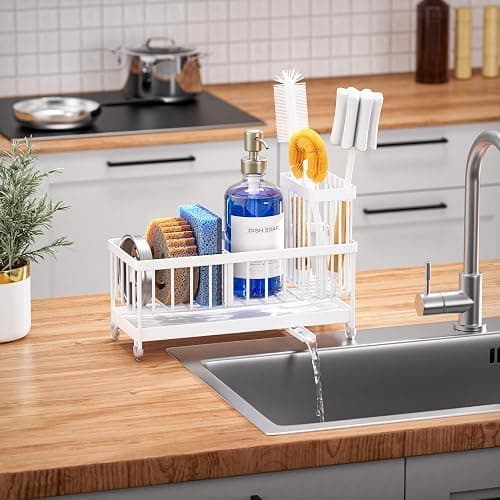 Cisily Sponge Holder for Kitchen Sink, Sink Caddy Organizer with High Brush Holder, Kitchen Countertop Organizers and Storage Essentials, Rustproof 304 Stainless Steel (Cool White, Large) thumbnail 7