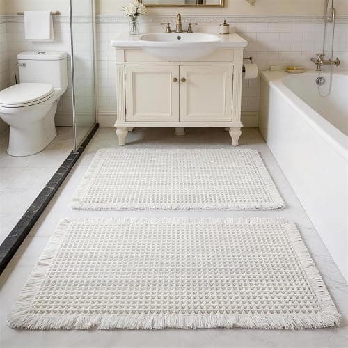 ZVFFDG Set of 2 Waffle Bathroom Rugs, Large Non Slip Absorbent Waffle Knit Bath Mat for Shower Floor, Tub and Bathroom Door, Ultra Soft Quick Dry, Cream White, 17"x24"+18"x30" - Image 1