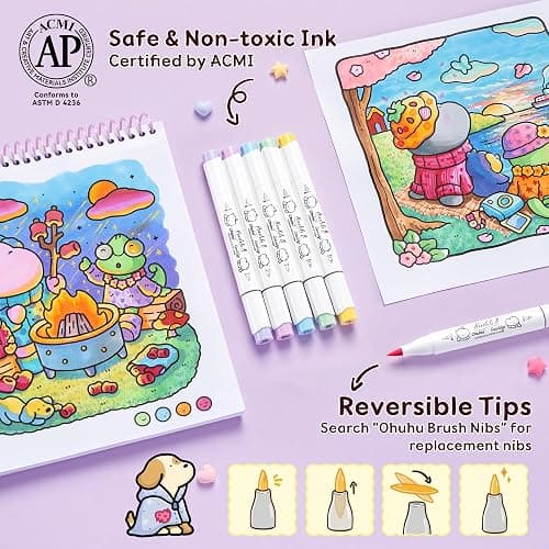 Ohuhu × Coco Wyo Coloring Set 48 Alcohol Markers& Coloring Book Brush& Fine | Co-branded Coloring Kit, 48-color Dual Tips Honolulu B, for Adults Beginners Artists Cozy Coloring, Great Gift Idea thumbnail 9