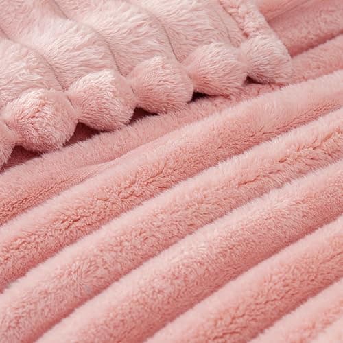 Exclusivo Mezcla Fleece Throw Blanket for Couch, Super Soft Striped Jacquard Bed Blanket, Lightweight Fuzzy Cozy for All Seasons, 127x152 CM, Pink thumbnail 4