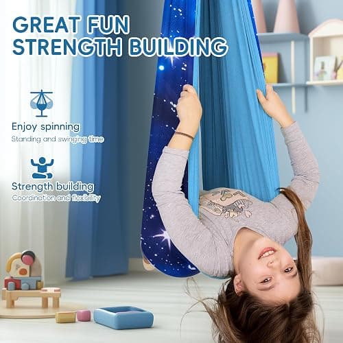 OUTREE Sensory Swing for Kids, Double Layer Therapy Hammock, Indoor Swing with 360° Swivel Hanger Kit and Adjustable Straps, Autism Sensory Product for Autism, ADHD (Blue Starry-Sky Printed) thumbnail 3