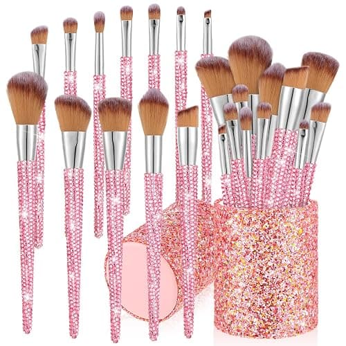 Rtteri 13 Pcs Rhinestone Pink Makeup Brushes Set Bling Crystal Professional Face Cosmetics Blending Liquid Foundation Powder Concealer Eye Shadows Make up Beauty Tool Glitter with Holder - Image 1
