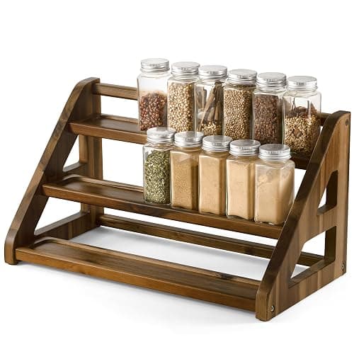 Tinamo Acacia Wood Spice Rack - Wooden 3-Tier Spice Rack Organizer for Countertop or Cabinet – Kitchen Spice Organizer and Seasoning Organizer Shelf (Walnut) - Image 1