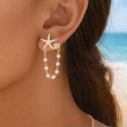 Seashell Starfish Earrings Beach Jewelry for Women Pearl Drop Shell Earrings Ocean Beachy Fashion Accessories Womens Summer Outfits 2026 Tropical Vacation Outfits Beach Vacation Clothes Dresses thumbnail 2