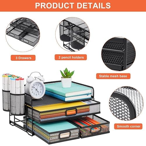 Marbrasse 3 Tier Mesh Desk Organizer with Drawer, Multi-Functional Desk Organizers and Accessories, Paper Letter Organizer with 2 Pen Holder for Home Office Supplies (Black) thumbnail 4
