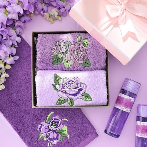 FuWeave 3 Pcs Purple Rose Hand Towels Lavender Purple Bathroom Decor | Embroidered Purple Rose Design, 100% Cotton, Farmhouse Bathroom Kitchen Decor, Absorbent Towels, Holiday Housewarming Gifts thumbnail 5