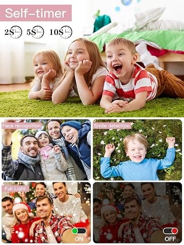 Upgrade Digital Camera, 56MP FHD 1080P for Kids with 16x Zoom Anti Shake, 32GB TF Card, Two Batteries, Lanyard, Compact Small for Boys Girls （Pink） thumbnail 6