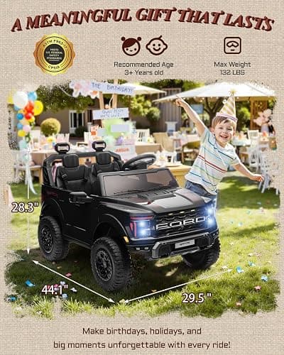 First Ride On 24V Ride on Toys for Big Kids, Licensed Ford F-150 Raptor 2 Seater Kids Ride on Car w/Remote Control, Toddler Electric Car w/LED Lights, Bluetooth, Truck Bed Storage, Soft Start (Black) thumbnail 8