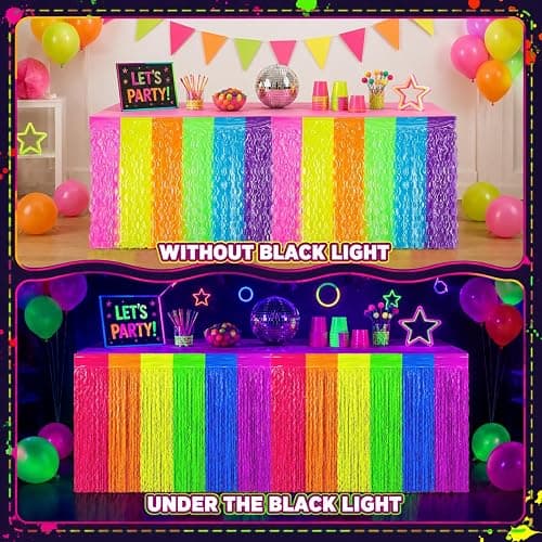 Fayoo 2 Pack Neon Glow Wavy Foil Fringe Table Skirts, 31.5x118 In | 6 Vibrant Colors, Glow in the Dark Party Supplies, Neon Party Decorations, Party Table Decor, Neon Tablecloths thumbnail 3