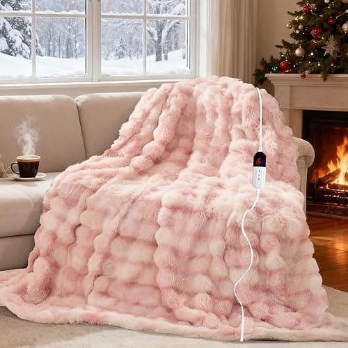 AEPINBH Electric Blanket, Soft Faux Rabbit Fur Bubble Heated Blanket with Dual Control 6 Heating Levels & 4 Hours Auto-Off, Machine Washable, Fast Heating (Pink White, 50"X60") - Image 1
