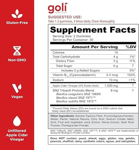 Goli Zero Sugar Apple Cider Vinegar Gummies - ACV with Vitamin B12 and Probiotics - No Sugar Alcohols - Vegan, Keto-Friendly, Gluten-Free thumbnail 5